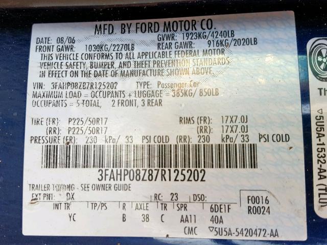 3FAHP08Z87R125202 - 2007 FORD FUSION SEL BLUE photo 10