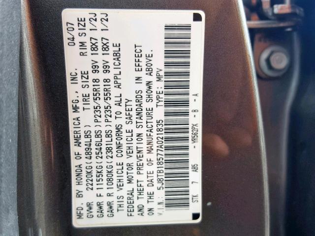 5J8TB18577A021835 - 2007 ACURA RDX TECHNO CHARCOAL photo 10