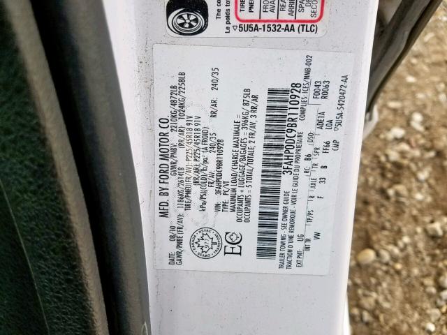 3FAHP0DC9BR110928 - 2011 FORD FUSION SPO WHITE photo 10