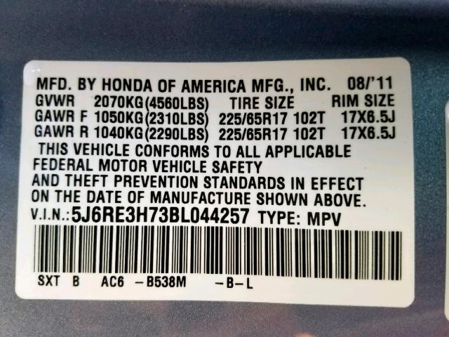 5J6RE3H73BL044257 - 2011 HONDA CR-V EXL TURQUOISE photo 10