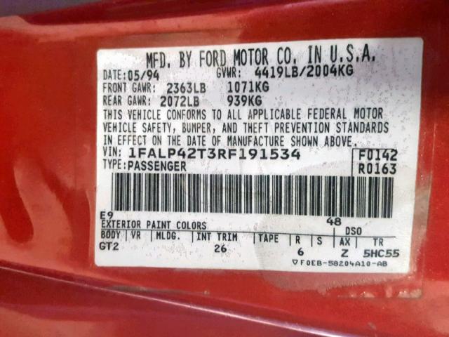 1FALP42T3RF191534 - 1994 FORD MUSTANG GT RED photo 10
