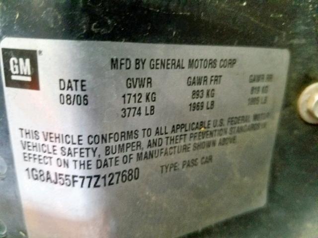 1G8AJ55F77Z127680 - 2007 SATURN ION LEVEL SILVER photo 10