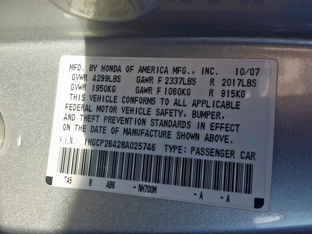 1HGCP26428A025746 - 2008 HONDA ACCORD LXP SILVER photo 10