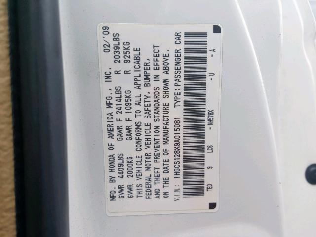 1HGCS128X9A015081 - 2009 HONDA ACCORD EXL WHITE photo 10