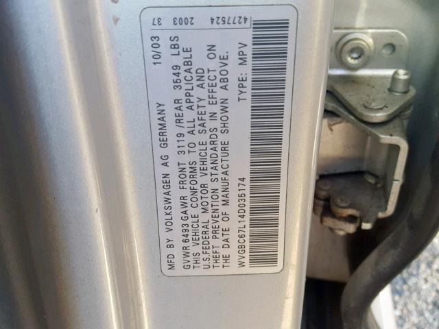 WVGBC67L14D035174 - 2004 VOLKSWAGEN TOUAREG 3. SILVER photo 10