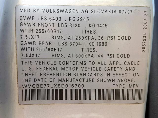 WVGBE77LX8D016709 - 2008 VOLKSWAGEN TOUAREG 2 SILVER photo 10