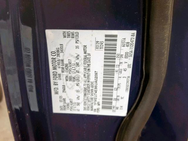 1FMEU74E86UA02097 - 2006 FORD EXPLORER E BLUE photo 10