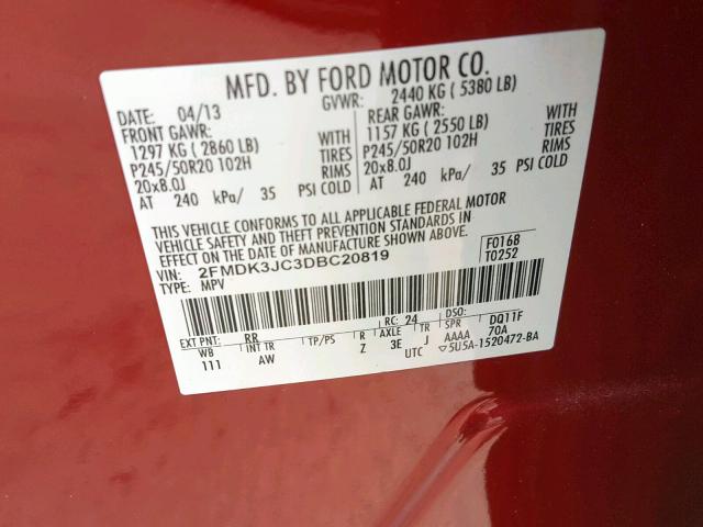 2FMDK3JC3DBC20819 - 2013 FORD EDGE SEL RED photo 10