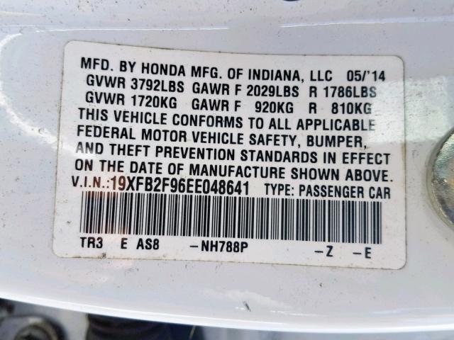 19XFB2F96EE048641 - 2014 HONDA CIVIC EXL 白色 照片 10