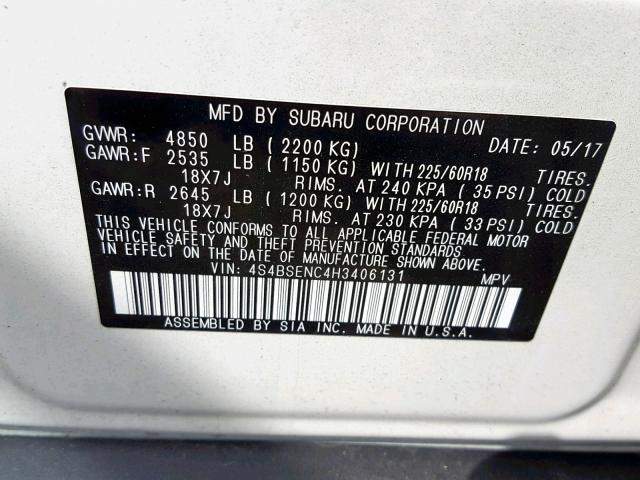 4S4BSENC4H3406131 - 2017 SUBARU OUTBACK 3. WHITE photo 10