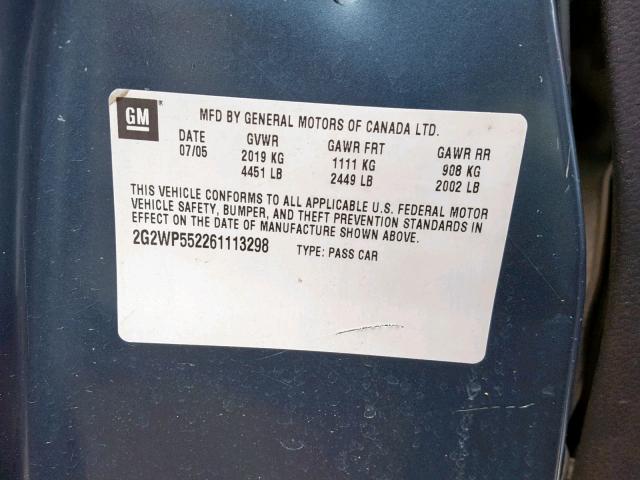 2G2WP552261113298 - 2006 PONTIAC GRAND PRIX BLUE photo 10