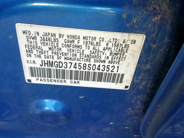 JHMGD37458S043521 - 2008 HONDA FIT BLUE photo 10