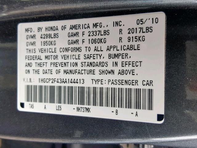 1HGCP2F43AA144413 - 2010 HONDA ACCORD LXP GRAY photo 10