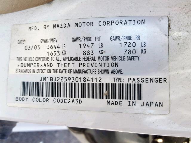 JM1BJ225930184112 - 2003 MAZDA PROTEGE DX WHITE photo 10