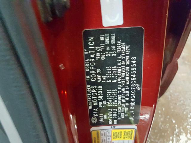 KNDMG4C78C6459548 - 2012 KIA SEDONA LX RED photo 10