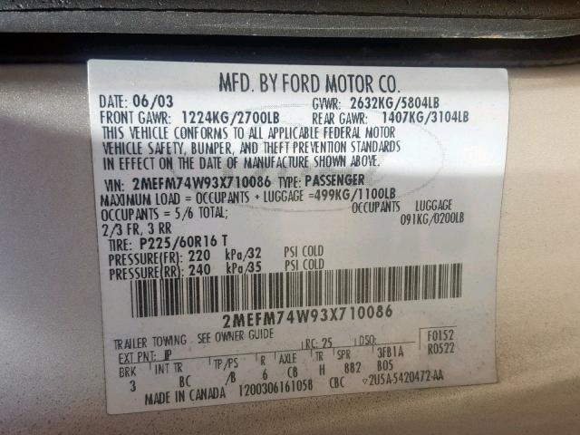 2MEFM74W93X710086 - 2003 MERCURY GRAND MARQ SILVER photo 10