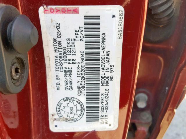 JTDBE32K920076040 - 2002 TOYOTA CAMRY LE RED photo 10