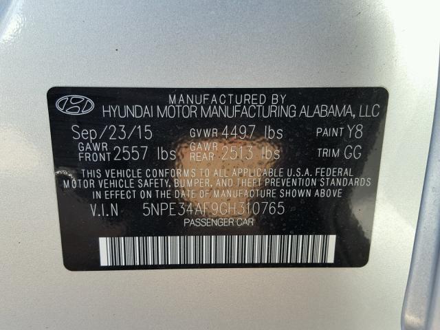 5NPE34AF9GH310765 - 2016 HYUNDAI SONATA SPO SILVER photo 10