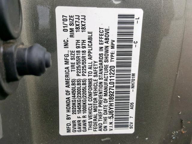 5J6YH18927L011220 - 2007 HONDA ELEMENT SC GRAY photo 10