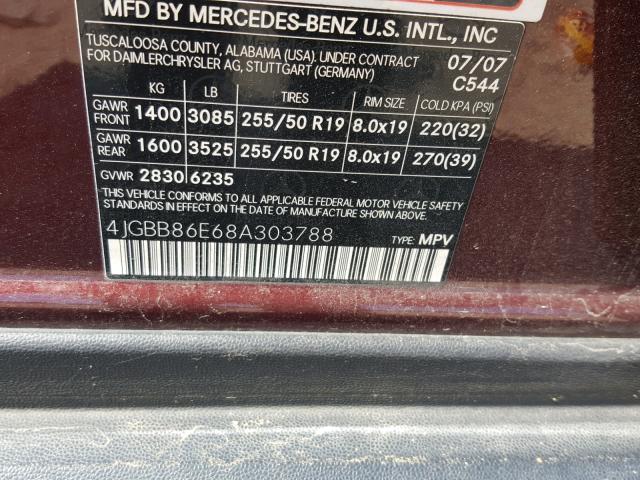 4JGBB86E68A303788 - 2008 MERCEDES-BENZ ML 350 MAROON photo 10