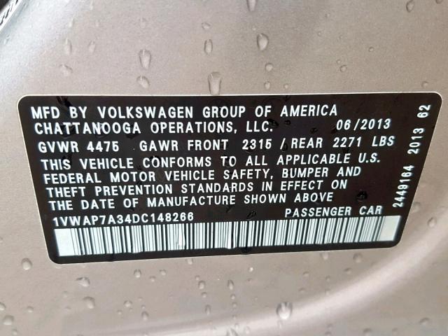 1VWAP7A34DC148266 - 2013 VOLKSWAGEN PASSAT S GRAY photo 10