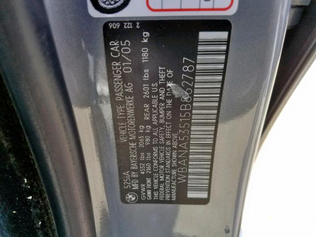 WBANA53515B862787 - 2005 BMW 525 I SILVER photo 10