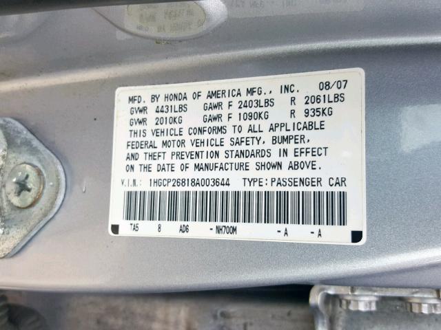 1HGCP26818A003644 - 2008 HONDA ACCORD EXL SILVER photo 10