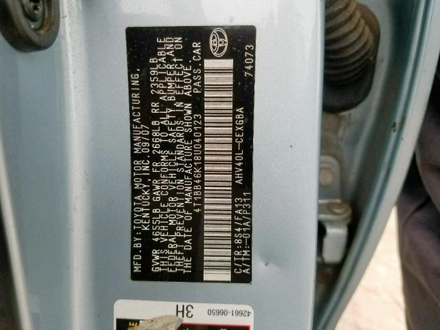 4T1BB46K18U040123 - 2008 TOYOTA CAMRY HYBR BLUE photo 10