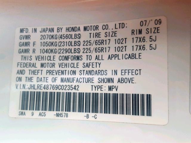 JHLRE48769C023542 - 2009 HONDA CR-V EXL WHITE photo 10