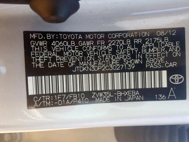 JTDKN3DP2C3027139 - 2012 TOYOTA PRIUS PLUG SILVER photo 10