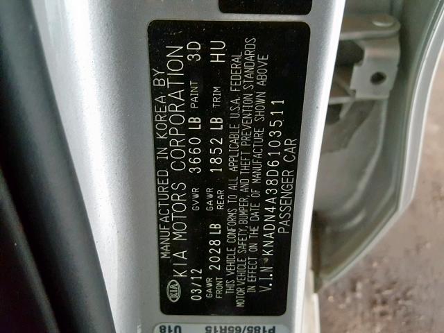 KNADN4A38D6103511 - 2013 KIA RIO EX SILVER photo 10