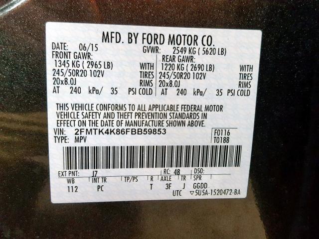 2FMTK4K86FBB59853 - 2015 FORD EDGE TITAN CHARCOAL photo 10