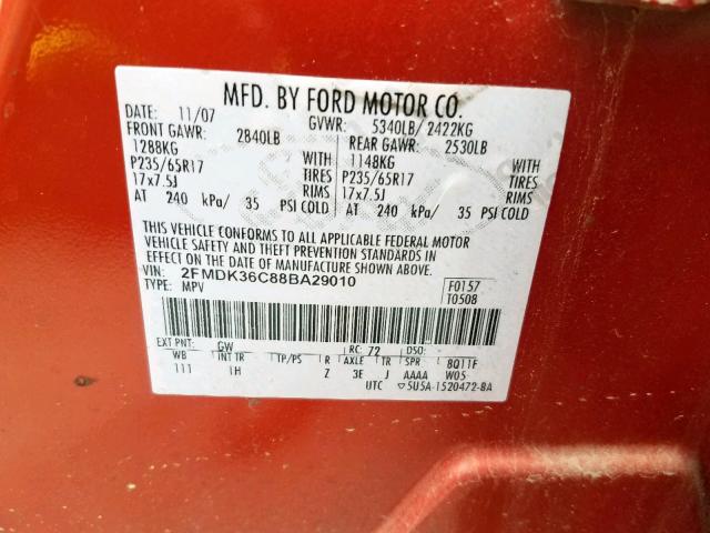 2FMDK36C88BA29010 - 2008 FORD EDGE SE ORANGE photo 10