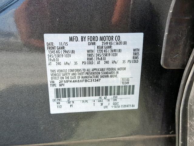 2FMPK4K8XFBC31347 - 2015 FORD EDGE TITAN SILVER photo 10