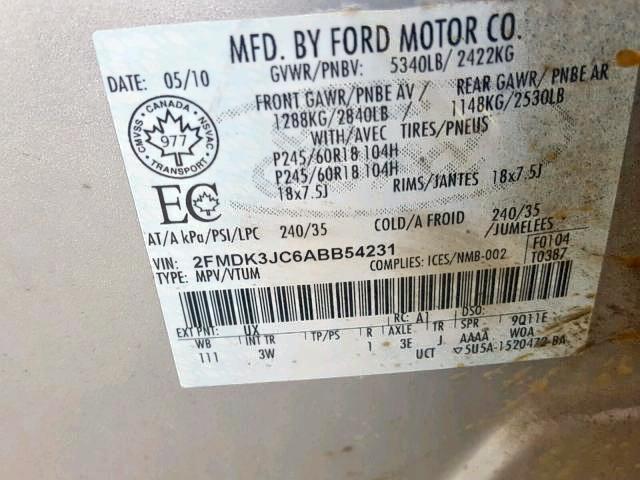 2FMDK3JC6ABB54231 - 2010 FORD EDGE SEL SILVER photo 9