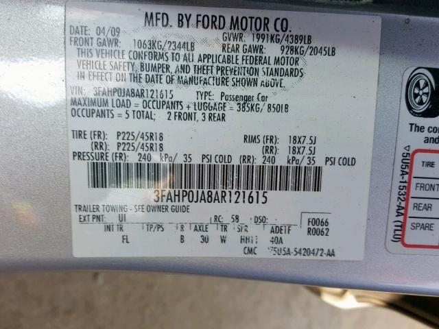 3FAHP0JA8AR121615 - 2010 FORD FUSION SEL SILVER photo 10