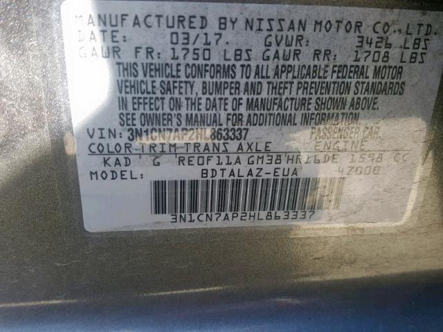 3N1CN7AP2HL863337 - 2017 NISSAN VERSA S GRAY photo 10