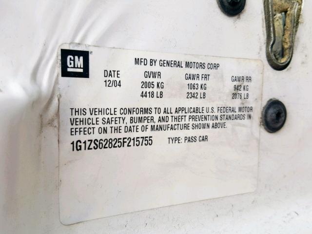 1G1ZS62825F215755 - 2005 CHEVROLET MALIBU MAX 白色 照片 10