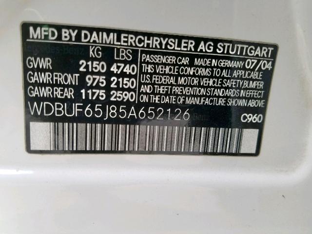 WDBUF65J85A652126 - 2005 MERCEDES-BENZ E 320 WHITE photo 10