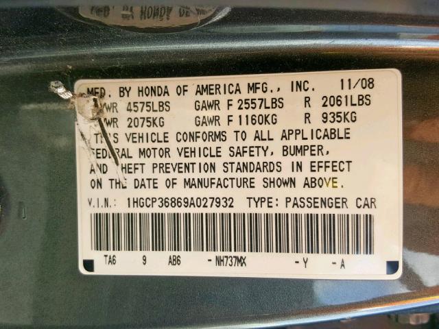 1HGCP36869A027932 - 2009 HONDA ACCORD EXL GRAY photo 10