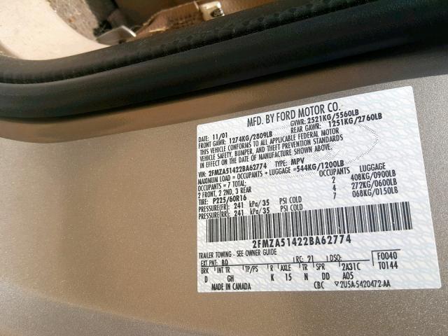 2FMZA51422BA62774 - 2002 FORD WINDSTAR L TAN photo 10