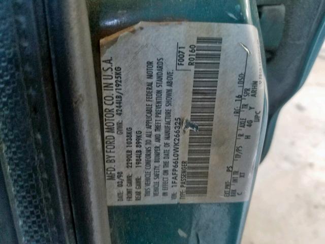 1FAFP66L0WK266325 - 1998 FORD CONTOUR LX TURQUOISE photo 10