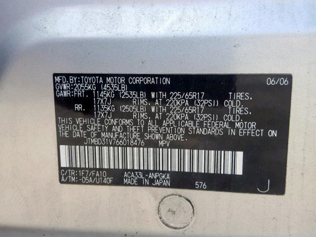 JTMBD31V766018476 - 2006 TOYOTA RAV4 LIMIT GRAY photo 10