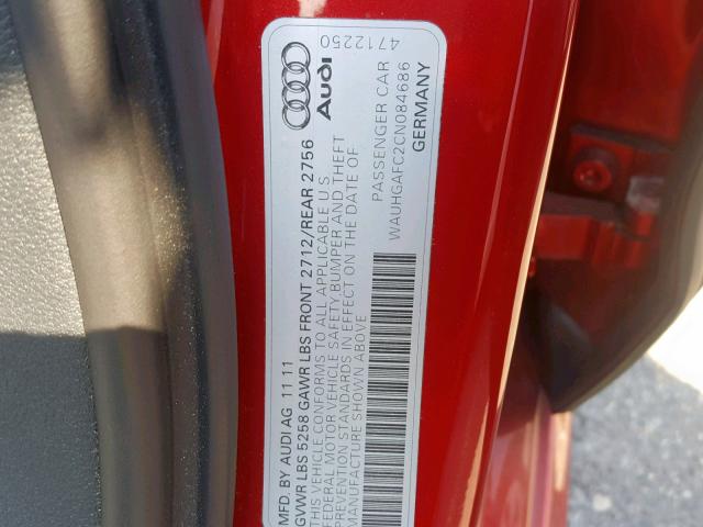 WAUHGAFC2CN084686 - 2012 AUDI A6 PRESTIG RED photo 10