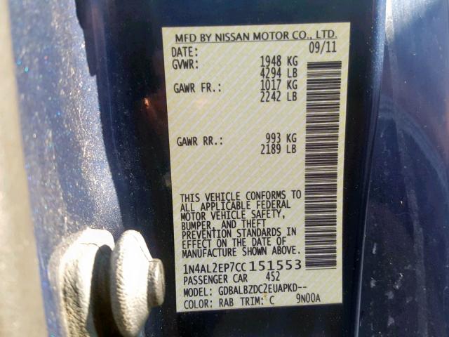 1N4AL2EP7CC151553 - 2012 NISSAN ALTIMA BLUE photo 10