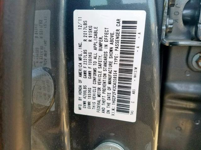 1HGCP2F43CA058554 - 2012 HONDA ACCORD LXP GRAY photo 10