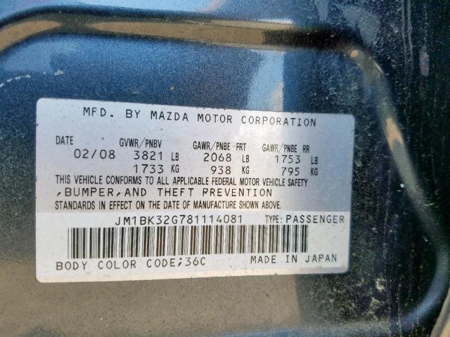 JM1BK32G781114081 - 2008 MAZDA 3 I GRAY photo 10