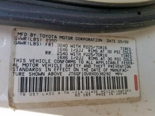 JT6GF10U8X0038292 - 1999 LEXUS RX 300 WHITE photo 10