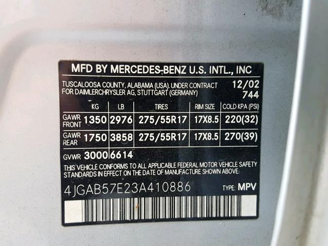 4JGAB57E23A410886 - 2003 MERCEDES-BENZ ML 350 SILVER photo 10