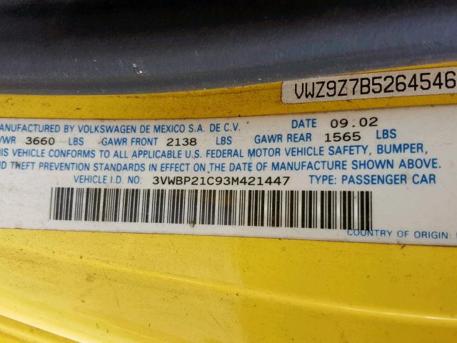 3VWBP21C93M421447 - 2003 VOLKSWAGEN NEW BEETLE YELLOW photo 10